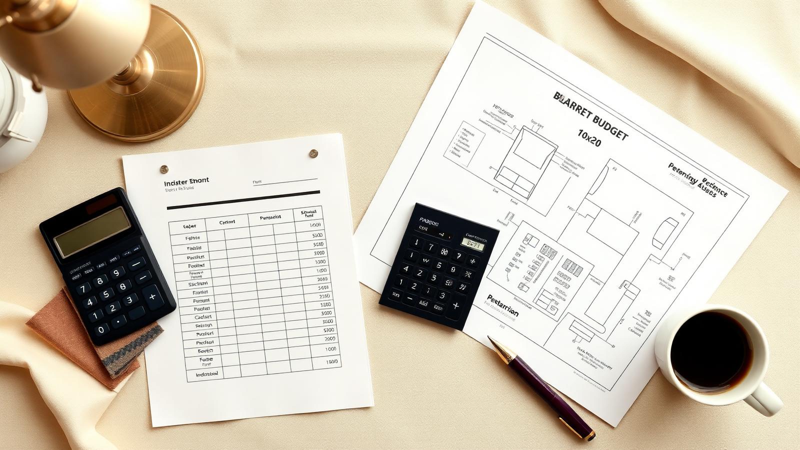 Overhead view of a trade show budget worksheet with calculator and blueprints