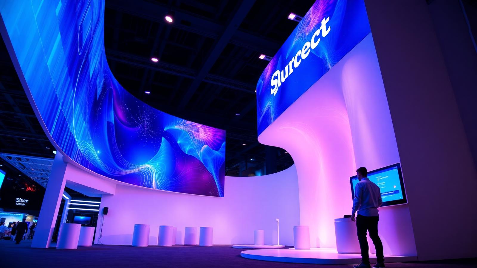 A modern trade show booth with a curved LED video wall and touchscreen kiosk