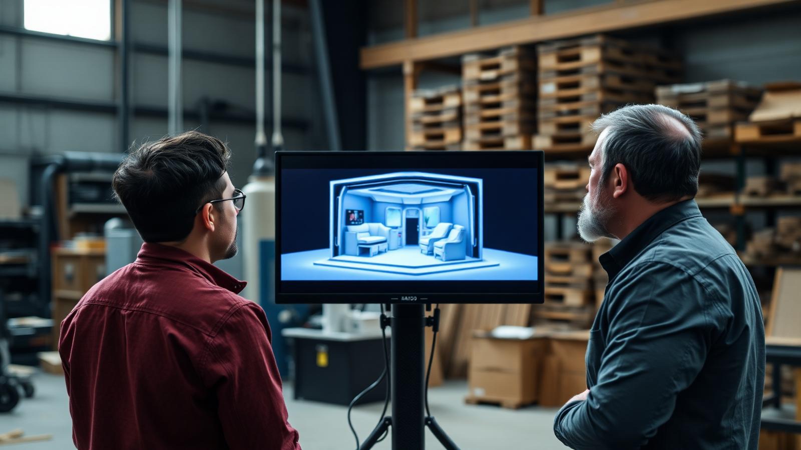 Two designers reviewing a 3D booth render on a monitor in a fabrication shop