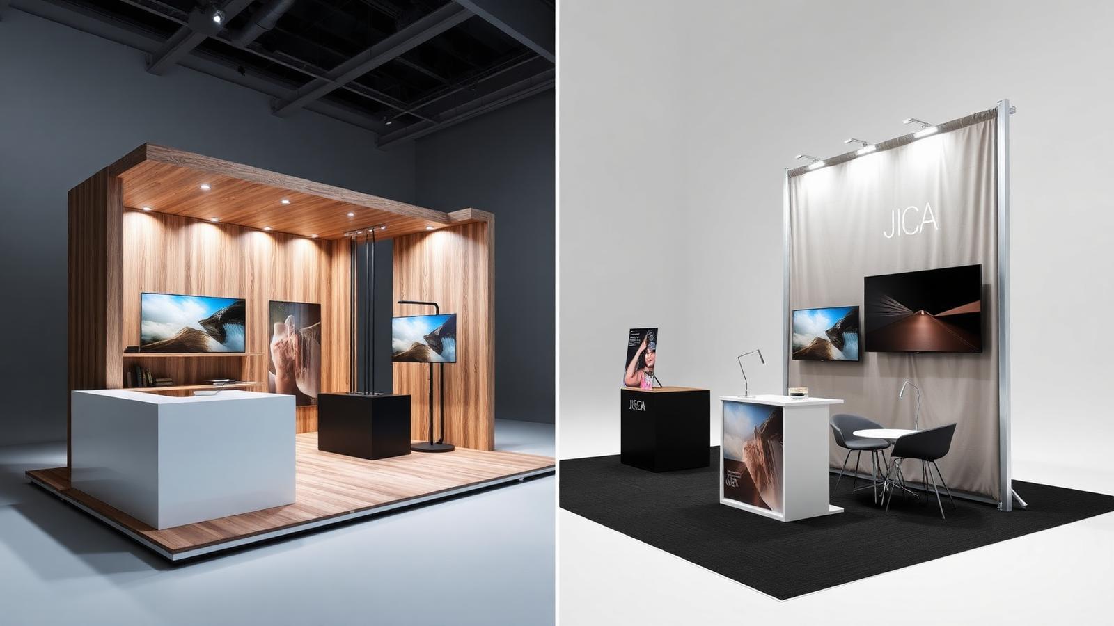Side-by-side of a custom wood booth and a modular aluminum fabric booth