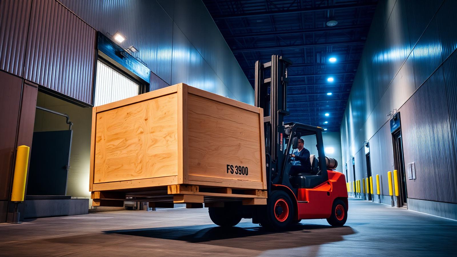 A forklift moving a wooden trade show crate across a convention center loading dock