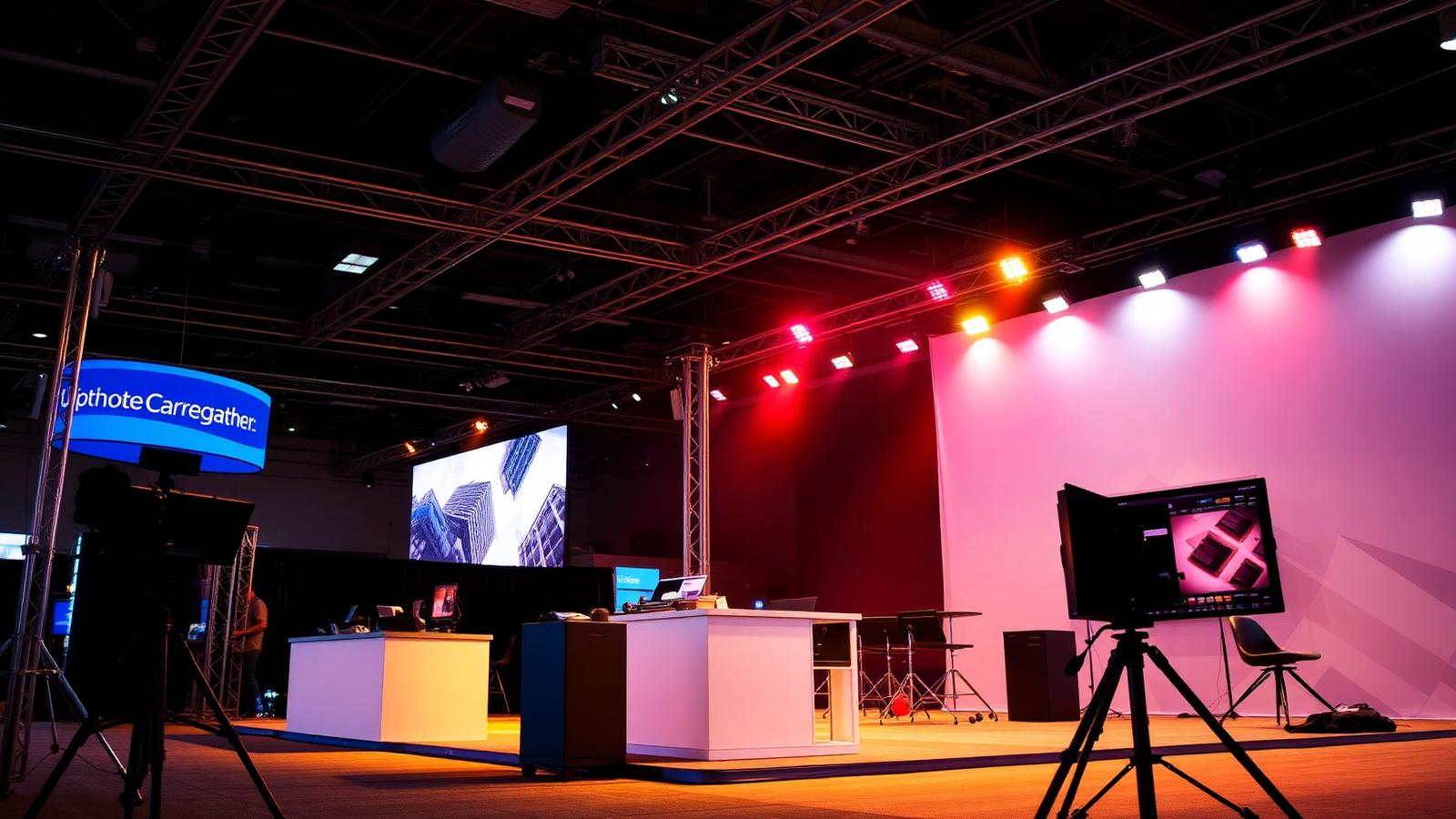 Trade show booth with dramatic professional lighting setup