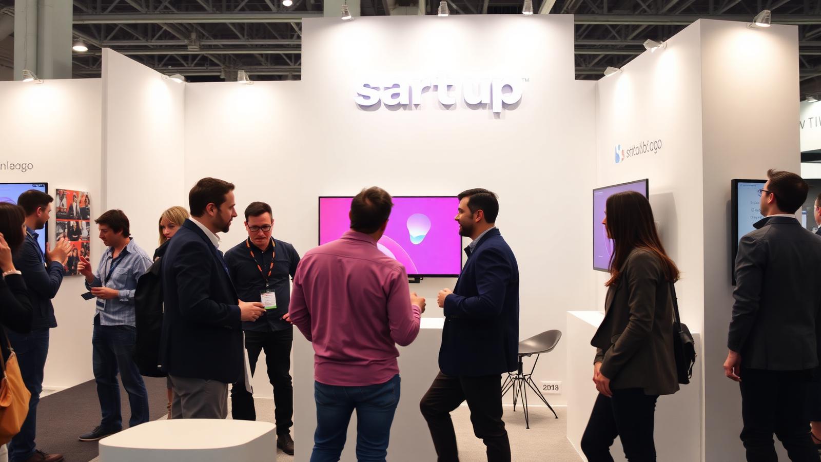 Startup team engaging visitors at a clean minimalist 10x10 trade show booth