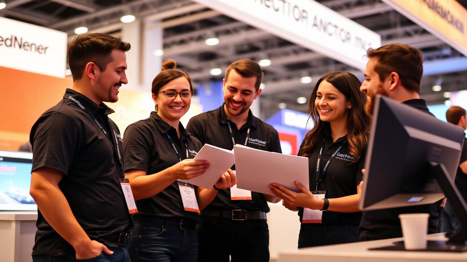 A trade show booth team in branded shirts huddled around a demo station