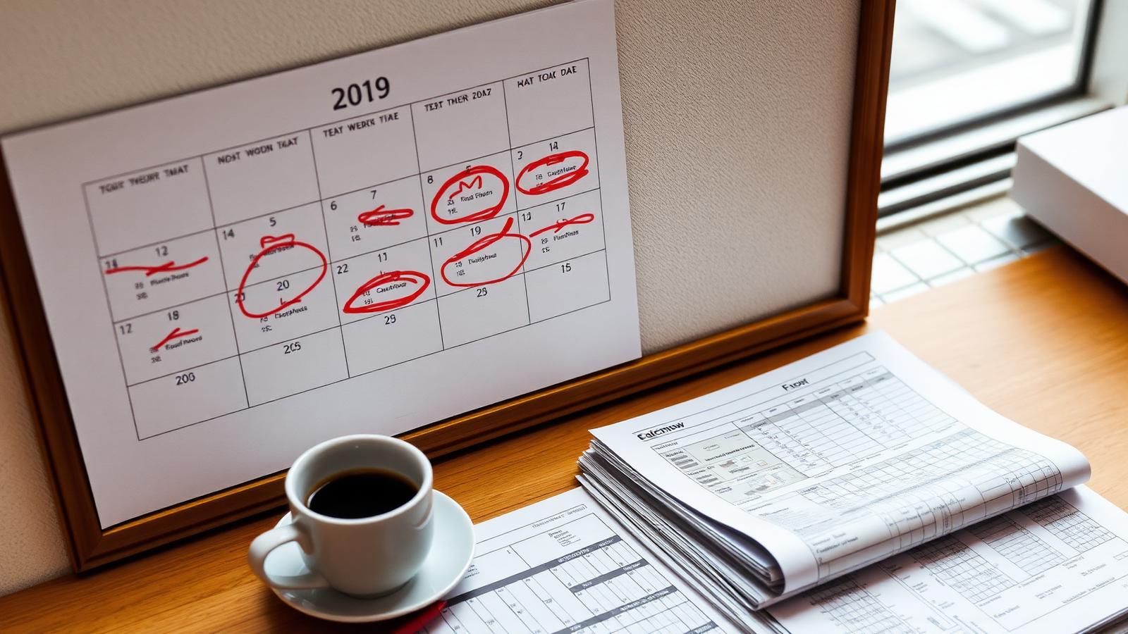 A wall calendar with months circled in red marker beside trade show floor plans