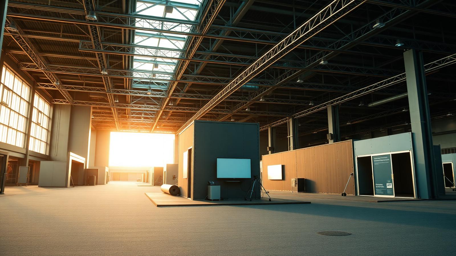 A half-built modular trade show booth on an empty convention floor at dawn